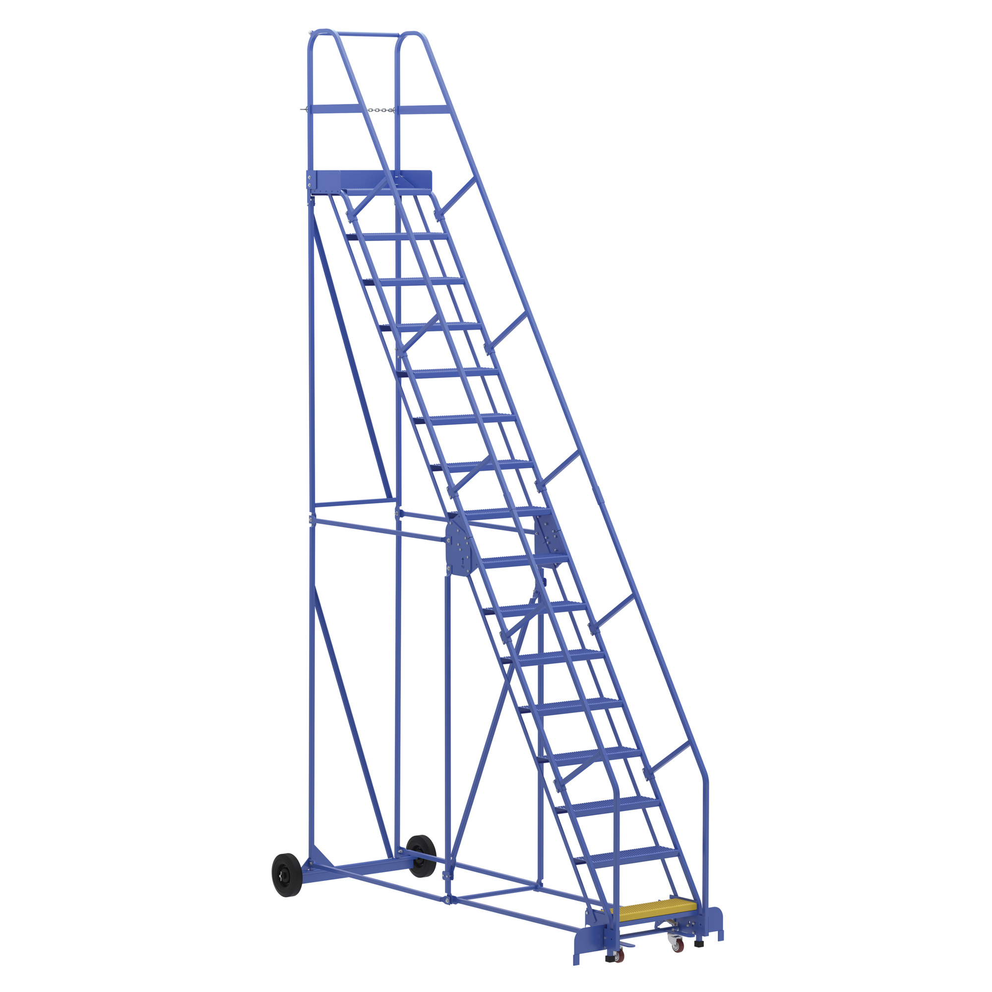 Vestil Steel Rolling Warehouse Ladder — 16 Steps, 23-9/16in. Step Width, 350-Lb. Capacity, 58-Degree Angle, Perforated, Blue, Model# LAD-16-14-P